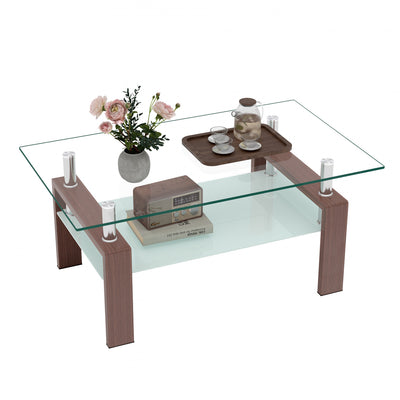 Liam Modern Rectangle Clear Tempered Glass Coffee Table,Walnut | Table basse moderne rectangulaire en verre trempe transparent Liam, finition noyer