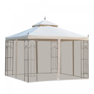 Outsunny 10' X 10' Steel Outdoor Patio Gazebo Canopy With Removable Mesh Curtains, Display Shelves, |Outsunny 10x10pi Tonnelle De Jardin Double Toit Exterieur Auvent Terrasse Evenement Fete Tente Arrie