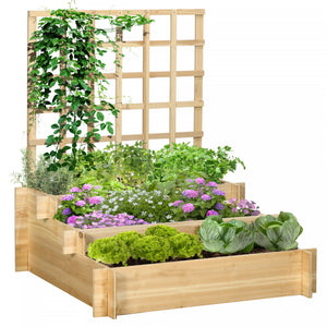 Outsunny 3 Tier Raised Garden Bed With Trellis For Climbing Plants, Wooden Elevated Planter Box For Garden, Outdoor To Grow Vegetables, Flowers, Herbs, Natural