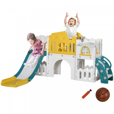 Qaba Toddler Slide, 7 In 1 Slide For Kids With Basketball Hoop, Climber, Telescope, Tunnel, Steering|Qaba Toboggan 7 En 1 Pour Enfants Avec Panier De Basket, Grimpeur, Telescope, Tunnel, Volant, Allee,