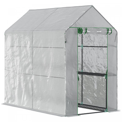 Outsunny 73" X 47" X 75" Walk-in Greenhouse Outdoor Portable Plant Flower Growth Warm House Garden Tunnel Shed With Roll-up Door And 4 Shelves, White