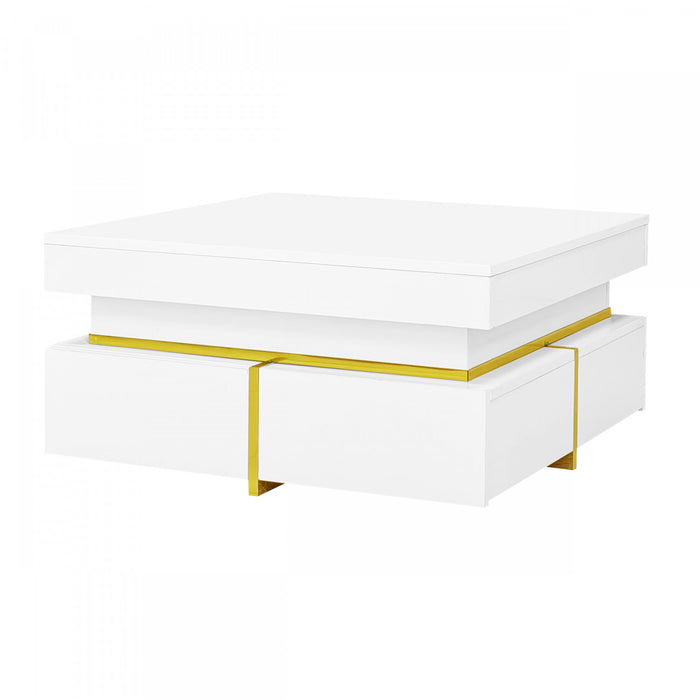 Ava High-Gloss Coffee Table with Storage Drawers and Gold Accents,White