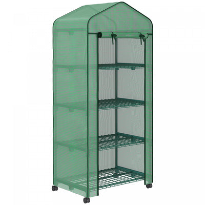 Outsunny 27" X 20" X 65" Portable Greenhouse With 4 Tier Shelves And Wheels, Outdoor Hot House Plant|Outsunny Serre Portable Avec Etageres A 4 Niveaux, Couverture En Pe, Verte