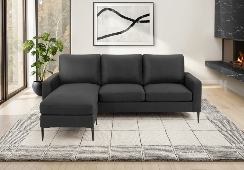 Upholstered Chaise Sofa Lounger, 85\" Wide, Black Fabric, Black Metal Legs, Modern Sofa