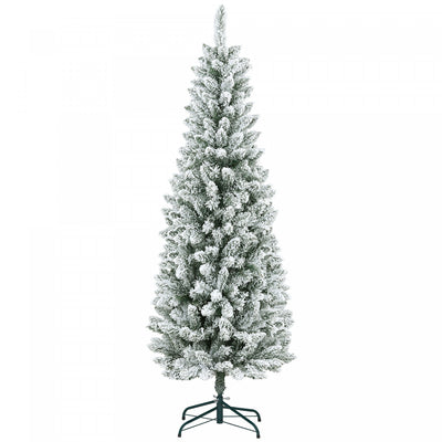 Homcom 6ft Flocked Pencil Artificial Christmas Tree With Steel Base, Green|Homcom Arbre De Noel Artificiel Floque De 6 Pieds Avec Base En Acier, Vert