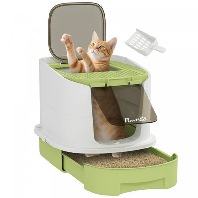 PawHut Cat Litter Box with Lid, Enclosed Kitty Litter Pen with Scoop, Top Entry, Deodorization Bags, Drawer Type Cat Litter Tray, Easy Cleaning, Green