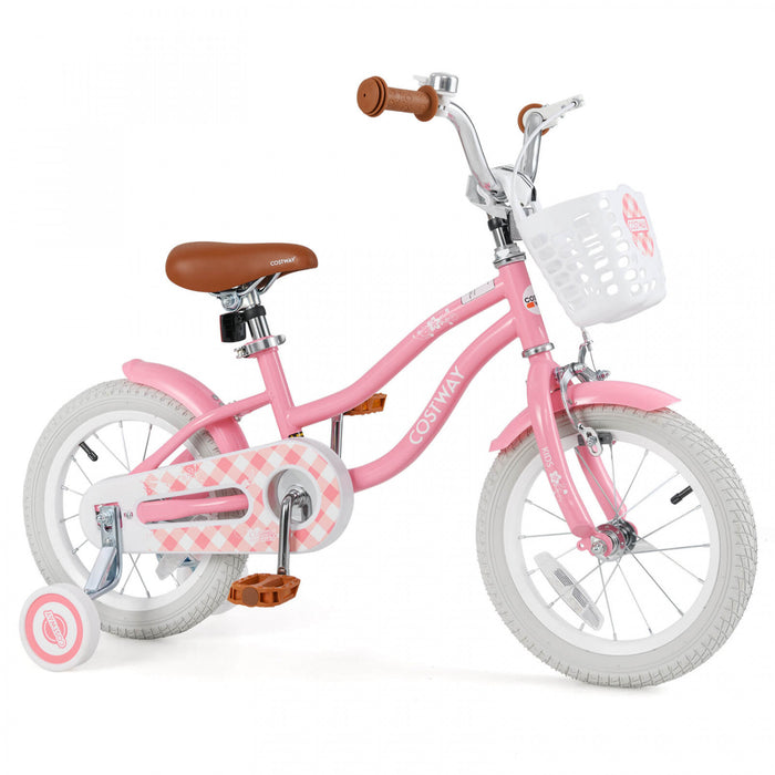 Costway 14\" Kid's Bike With Removable Training Wheels & Basket For 3-5 Years Old Pink