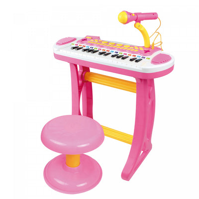 Qaba Kids Toddler Toy Piano Keyboard With Included Sitting Stool, Working Microphone, A Fun Bright F|Qaba Clavier De Piano Enfants Avec Tabouret D'assise Inclus, Microphone De Travail, Lampe De Poche L