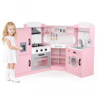 Honeyjou Corner Play Kitchen Toddler Kitchen Playset With Range Hood, Ice Maker, Microwave Pink