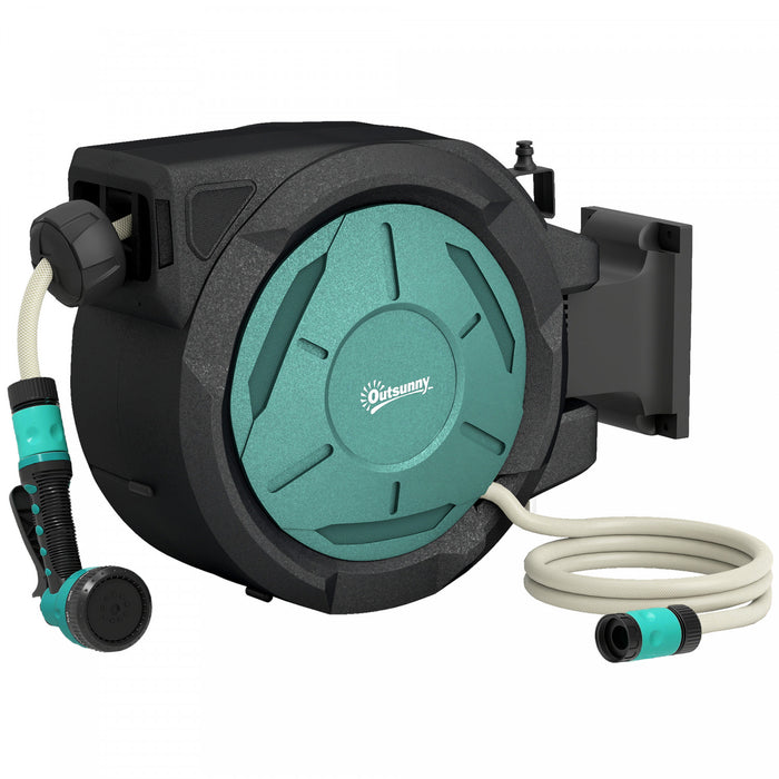 Outsunny Retractable Garden Hose Reel, 1/2 in x 65ft Wall Mounted Water Hose Reel with 7- Function Sprayer Nozzle, Auto Rewind, Any Length Lock, 180° Swivel Bracket, Blue