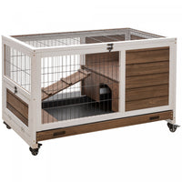 Pawhut Wooden Indoor Rabbit Hutch Elevated Bunny Cage Habitat With Enclosed Run With Wheels, Suitabl