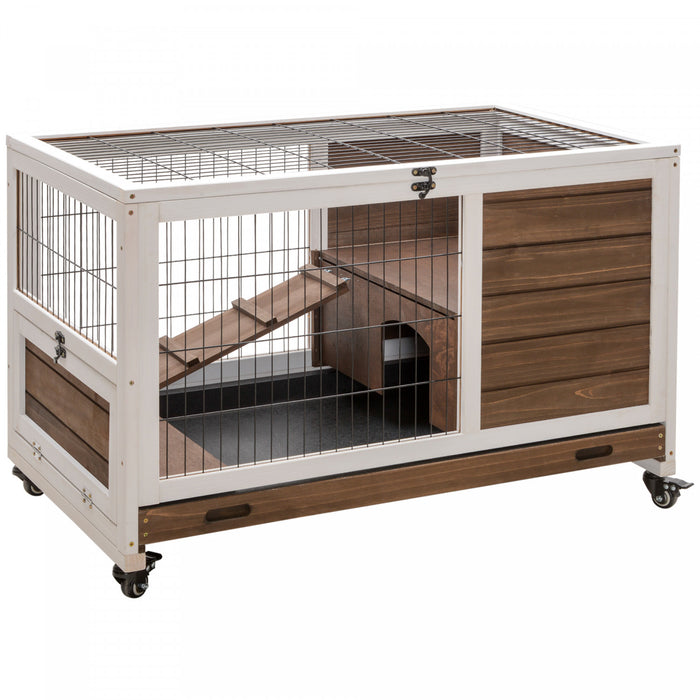 Pawhut Wooden Indoor Rabbit Hutch Elevated Bunny Cage Habitat With Enclosed Run With Wheels, Suitable For Rabbits And Guinea Pigs, Brown