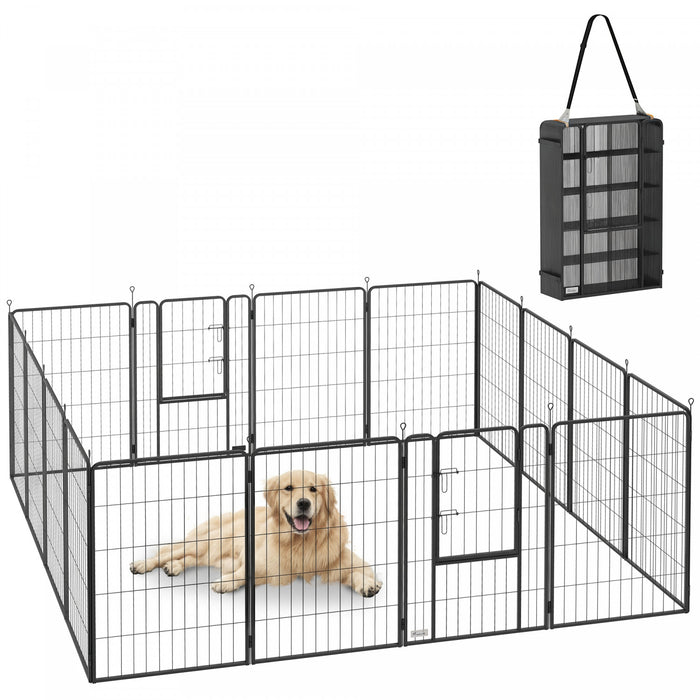 PawHut 16 Panels Dog Playpen, 27\" W x 39.5\" H Portable Heavy Duty Pet Fence with Door & Strap for Indoor Outdoor Backyard Garden, Foldable Puppy Pet Pen for Large Dogs