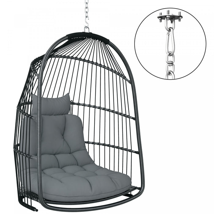 Outsunny Hanging Egg Chair, Foldable Rattan Garden Swing Chair, Dark Grey
