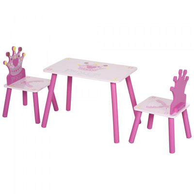 Qaba 3-piece Set Kids Wooden Table Chair With Crown Pattern Easy To Clean Gift For Girls Toddlers Ag|Qaba Lot De 3 Chaises De Table En Bois Pour Enfants Avec Motif De Couronne Facile A Nettoyer Cadeau
