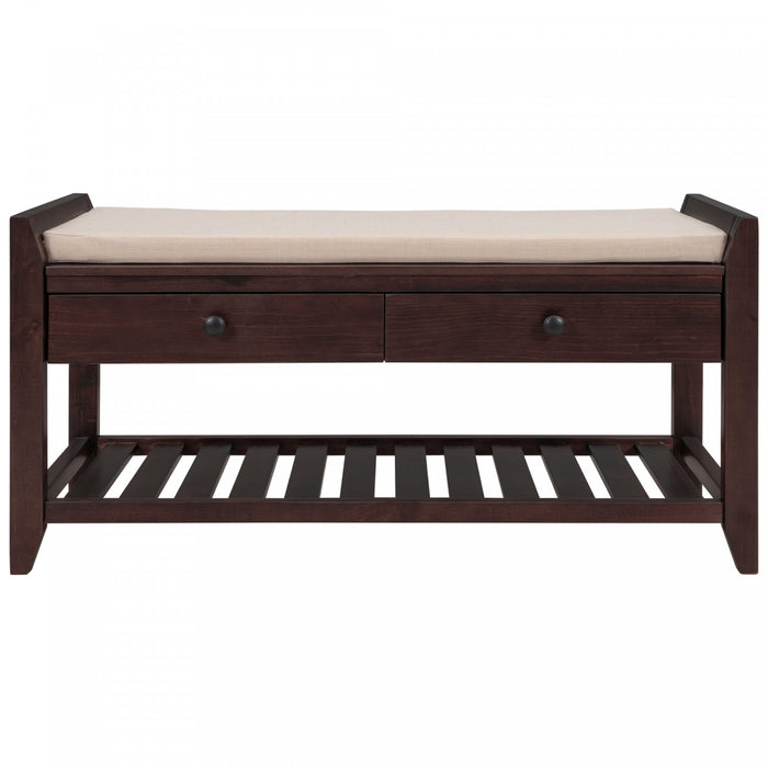 Stephanie Pine Wood Shoe Rack Bench With Cushioned Seat With Storage Drawers - Espresso