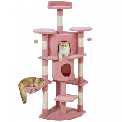 PawHut Cat Tree, 62" Multi-Level Cat Tower with Scratching Posts, 2 Condos, Hammock, Perches, Plush, Pompoms, for Indoor Kittens Playing, Resting, Sleeping, Pink