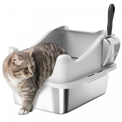 PawHut Cat Litter Box Stainless Steel, High Sided with Metal Litter Scoop, Never Absorbs Odors, Anti Leakage & Easy to Clean, 17" x 13" x 10", Grey