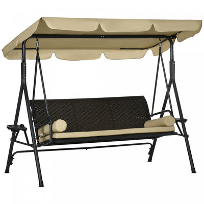 Outsunny 3-seat Porch Swing With Canopy Outdoor Swing Chair W/ Rattan Seat|Outsunny Balancoire De Porche 3 Places Avec Auvent, Balancoire Exterieure