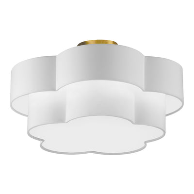 Dainolite Phlox 3 Light Flush Mount Large Aged Brass White Shade Lamp|Grand plafonnier affleuré Phlox de Dainolite avec abat-jour blanc, fini laiton vieilli et 3 ampoules