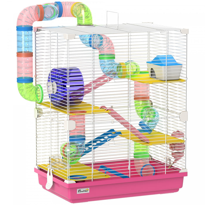 PawHut 5 Tiers Hamster Cage Portable Animal Travel Carrier Habitat with Exercise Wheels Play Tube Water Bottle Dishes House Ladder for Gerbils, Pink