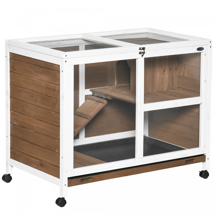 Pawhut Indoor Rabbit Hutch With Wheels, Bunny Cage Guinea Pig House Small Animals Habitat W/ Top Access, Ramp, Pull Out Tray, Brown