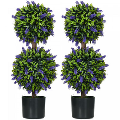 HOMCOM 2.3ft Set of 2 Potted Artificial Plant Ball Tree w/ Lavender Flowers