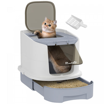 Pawhut Cat Litter Box With Lid, Enclosed Kitty Litter Pen With Scoop, Top Entry, Deodorization Bags,|Pawhut Bac A Litiere Pour Chat Avec Couvercle, Enclos A Litiere Ferme Avec Pelle, Entree Sur Le Dess