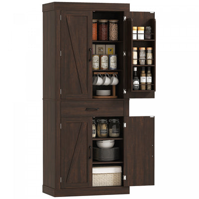 72" Kitchen Pantry Cabinet, Kitchen Storage Cabinet with Barn Doors, Brown
