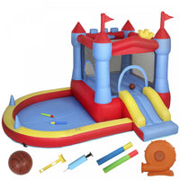 Qaba Bouncy Castle for Kids, 11.2x8.4FT Inflatable Bounce House with Slide, Pool/Ball Pit, Basketball Hoop, Jumping Castle with Basketball, Water Blaster, Blower for Indoor Outdoor