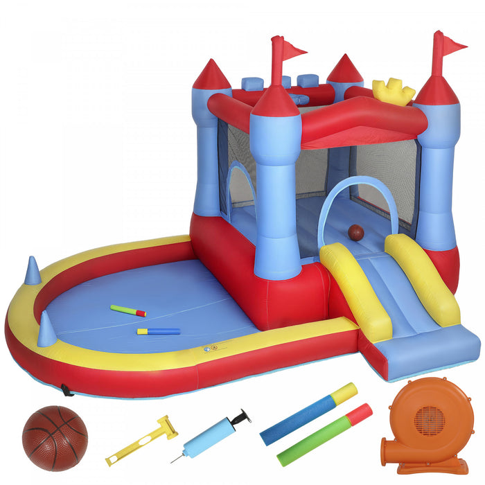 Qaba Bouncy Castle for Kids, 11.2x8.4FT Inflatable Bounce House with Slide, Pool/Ball Pit, Basketball Hoop, Jumping Castle with Basketball, Water Blaster, Blower for Indoor Outdoor