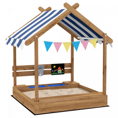 Outdoor Kids Sandbox With Cover, Liner, Blackboard, Toys, Seat, Flags, House Design, Kids Playset Fo|Bac A Sable Exterieur Avec Couvercle Resistant Aux Intemperies, Doublure, Tableau Noir, Jouets, Sieg