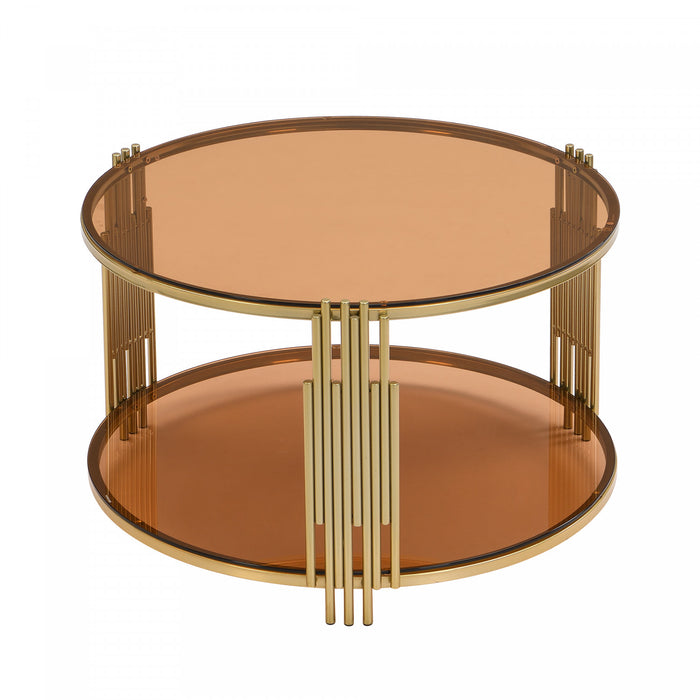 Jonas 31.5\" Round Tempered Glass Coffee Table With Lower Shelf, Brown
