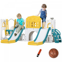 Qaba 8 in 1 Slide and Swing Set with Basketball Hoop, Climber, Toddler Slide Set Indoor Playground with Aisle, Steering Wheel, Storage Space, Telescope, for Aged 1-3 Years, Yellow