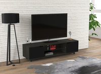 59” TV Stand With 2 Shelves and 2 Black Doors - Dark Grey Wood 