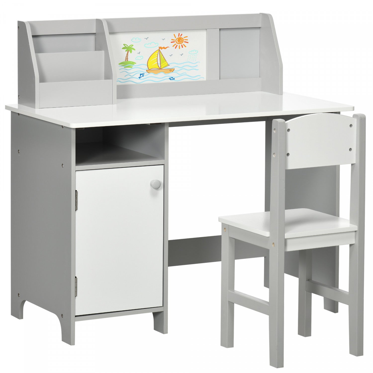QABA Kids Desk And Chair Set w Whiteboard 2 Pieces Kids Study Table And Chair Set Multi Usage School Desk Furniture w Storage And Shelves