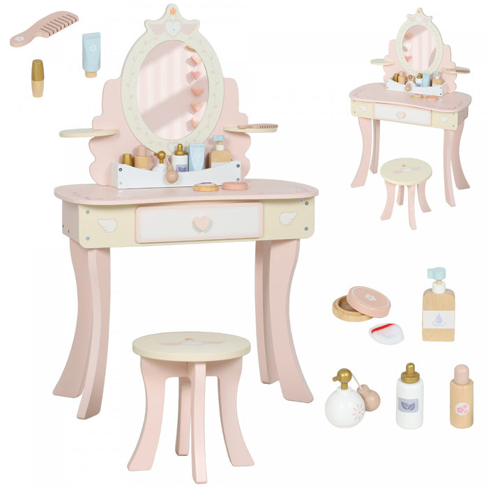 Qaba Kids Vanity Set, Girls Vanity Set with Mirror and Stool, 7 Pcs Make-up Accessories, Drawers, Desktop Storage, 2 in 1 Toddler Dressing Table and Chairs, Pretend Play, Pink