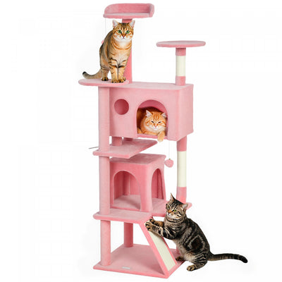 PawHut 63" Cat Tree, Cat Tower for Indoor Cats with Scratching Posts, Cat Condos, Bed, Platforms, Ramp, Toy Ball, Cat Activity Center, Pink