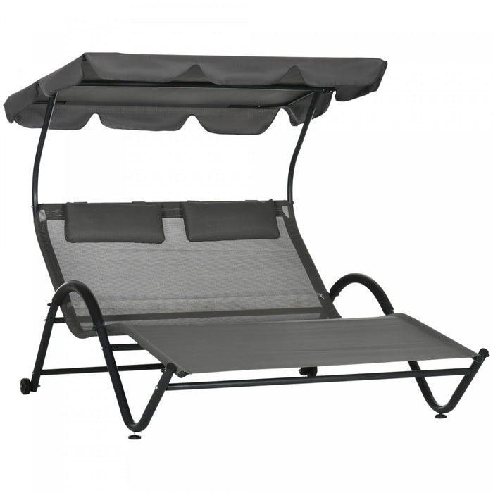 Outsunny Tanning Chair With Sunshade Roof Chaise Lounge Chair, Dark Gray