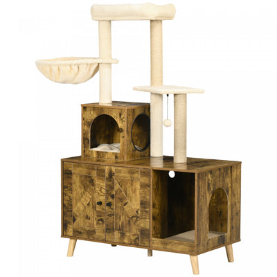 Pawhut Litter Box Enclosure With Cat Tree Tower, Hidden Cat Washroom Furniture With Condo, Scratchin|Pawhut Boite A Litiere Avec Tour D'arbre A Chat, Meubles De Toilette Caches Pour Chat Avec Condo, Gr