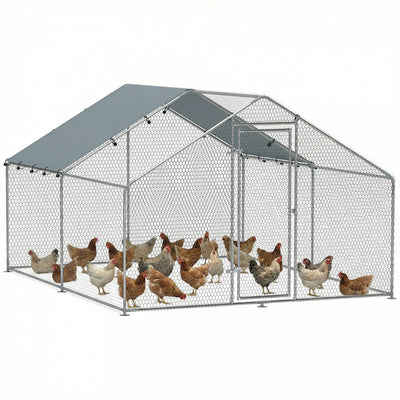 PawHut Metal Chicken Coop, 9.8 x 11.2 FT Walk-in Chicken Run with Weatherproof UV Cover, Lockable Door, Large Outdoor Poultry Cage for 10-15 Chickens, for Farm Yard Garden, Silver