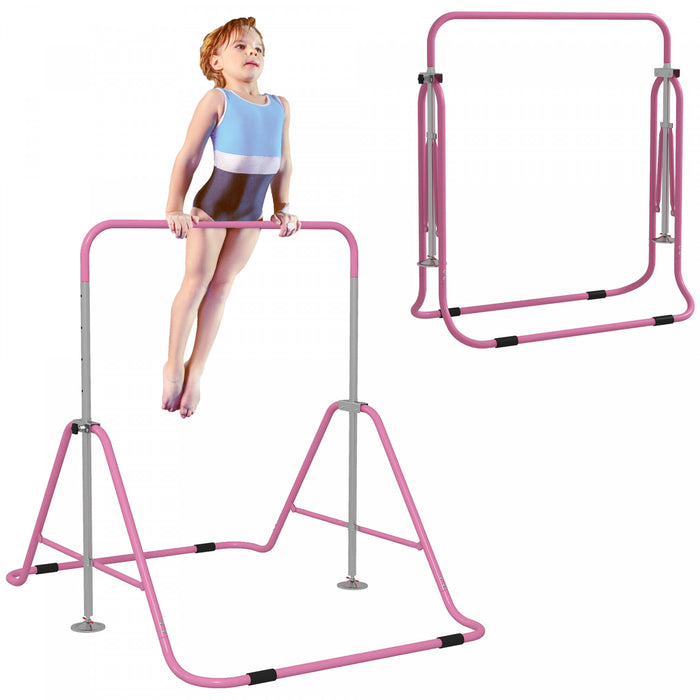 Qaba Gymnastics Bar For Kids, Foldable Gymnastics Equipment With Adjustable Height, Expandable Horizontal Kip Bar For Home Training, Pink