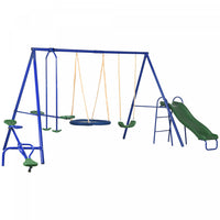 Outsunny 5 in 1 Metal Swing Set with Saucer Swing, Slide, Seesaw, Glider, Swing Seat, Ladder, Kids Swing Set for Backyard, Outdoor, Playground, Multicoloured
