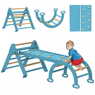Qaba 7-in-1 Pikler Triangle Set, Foldable Wooden Climbing Toys with Arch, Ramp and Ladder, Montessori Indoor Playground Jungle Gyms for Toddlers 1-4 Years, Blue