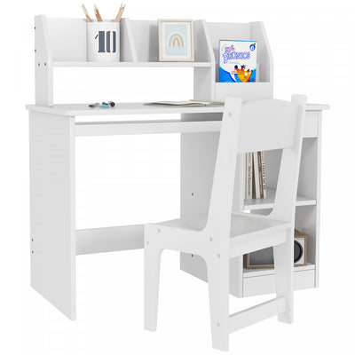 Qaba Kids Desk And Chair Set For 5-8 Year Old With Storage, Study Table And Chair For Children, Whit|Qaba Ensemble Bureau Et Chaise Pour Enfants De 5 A 8 Ans Avec Rangement, Table D'etude Et Chaise Pou