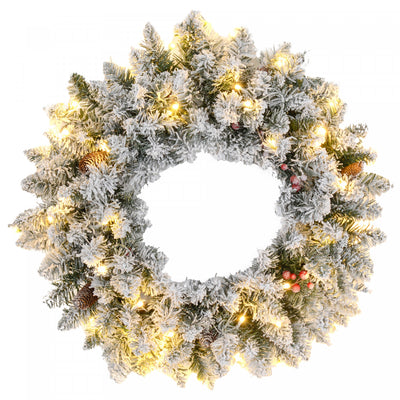 Homcom 24" Pre-lit Christmas Wreath With Pine Cones And Red Berries Green|Homcom Couronne De Noel Illuminee De 24 Po Avec Pommes De Pin Et Baies