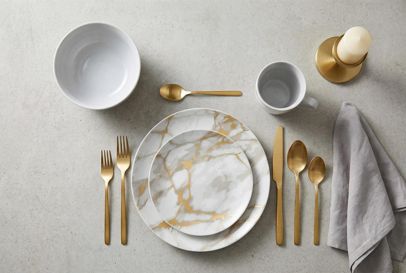 20-Piece Grey Marble Porcelain Dinnerware Set with Gold Veining & Gold Flatware