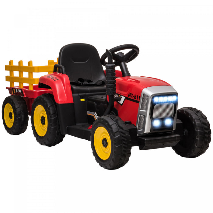Aosom 12v Kids Powered Ride-On Tractor With Trailer, Battery Powered Electric Tractor With Remote Control, Music Start Up Sound And Horn, Usb, Led Lights, Red