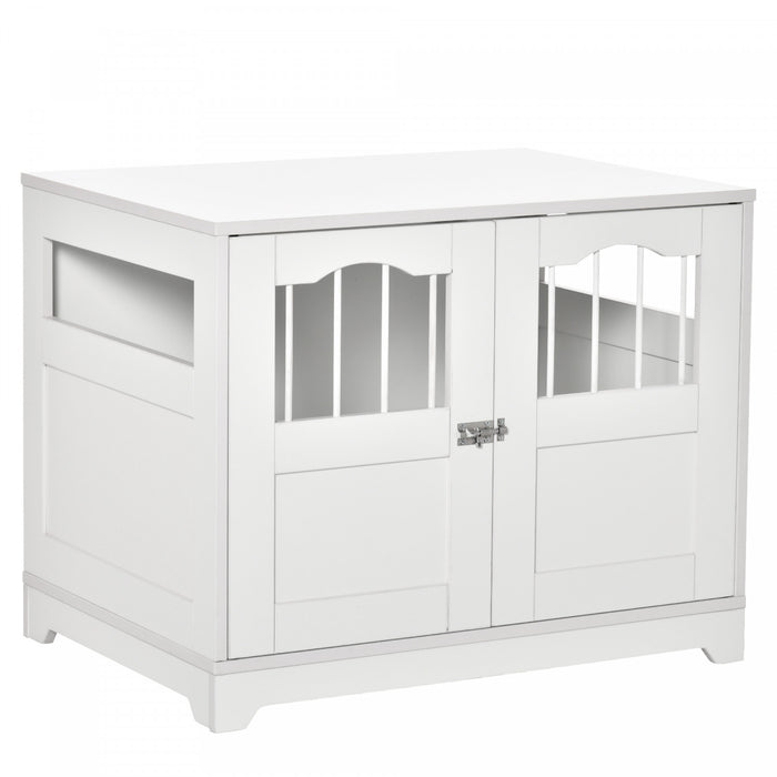 Pawhut 29.5\" Wooden Dog Cage With Windows, End Table Furniture Style, Modern Pet Kennel With Lockable Doors Elevated Base For Small And Medium-sized Dogs, White