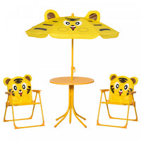 Outsunny Children Table and Chair Set Outdoor, Kids Folding Picnic Table and Chair Set with Removable & Height Adjustable Sun Umbrella for Garden Backyard, Tiger Pattern, Yellow